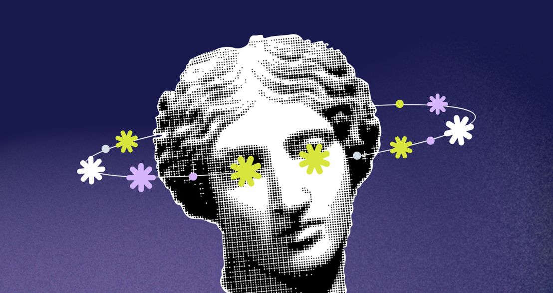 Um eine antike Statue kreisen abstrakte Blüten wie Planeten. Die Augen der Statue werden durch die Blüten verdeckt.