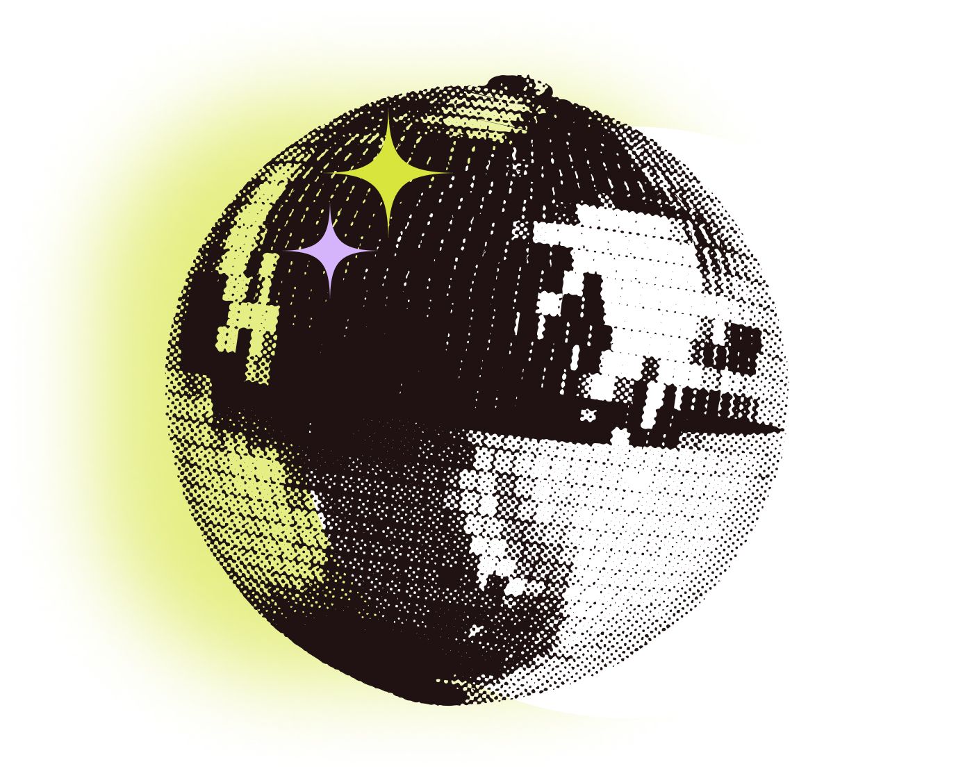 Eine funkelnde Discokugel, die von einer Seite gelb beleuchtet wird.