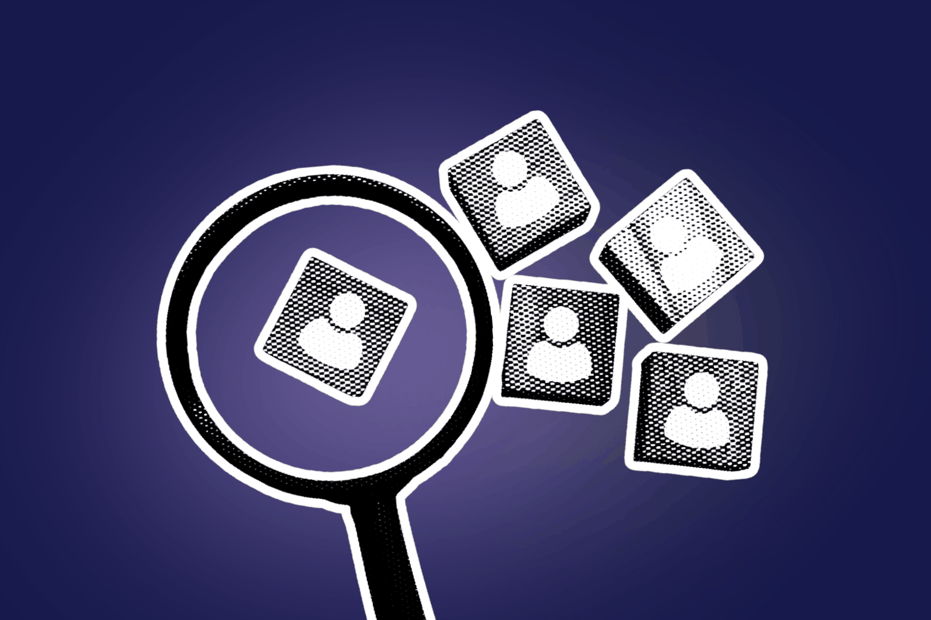 Lupe über mehreren quadratischen Bausteinen mit weißen Personensymbolen auf dunkelviolettem Hintergrund.