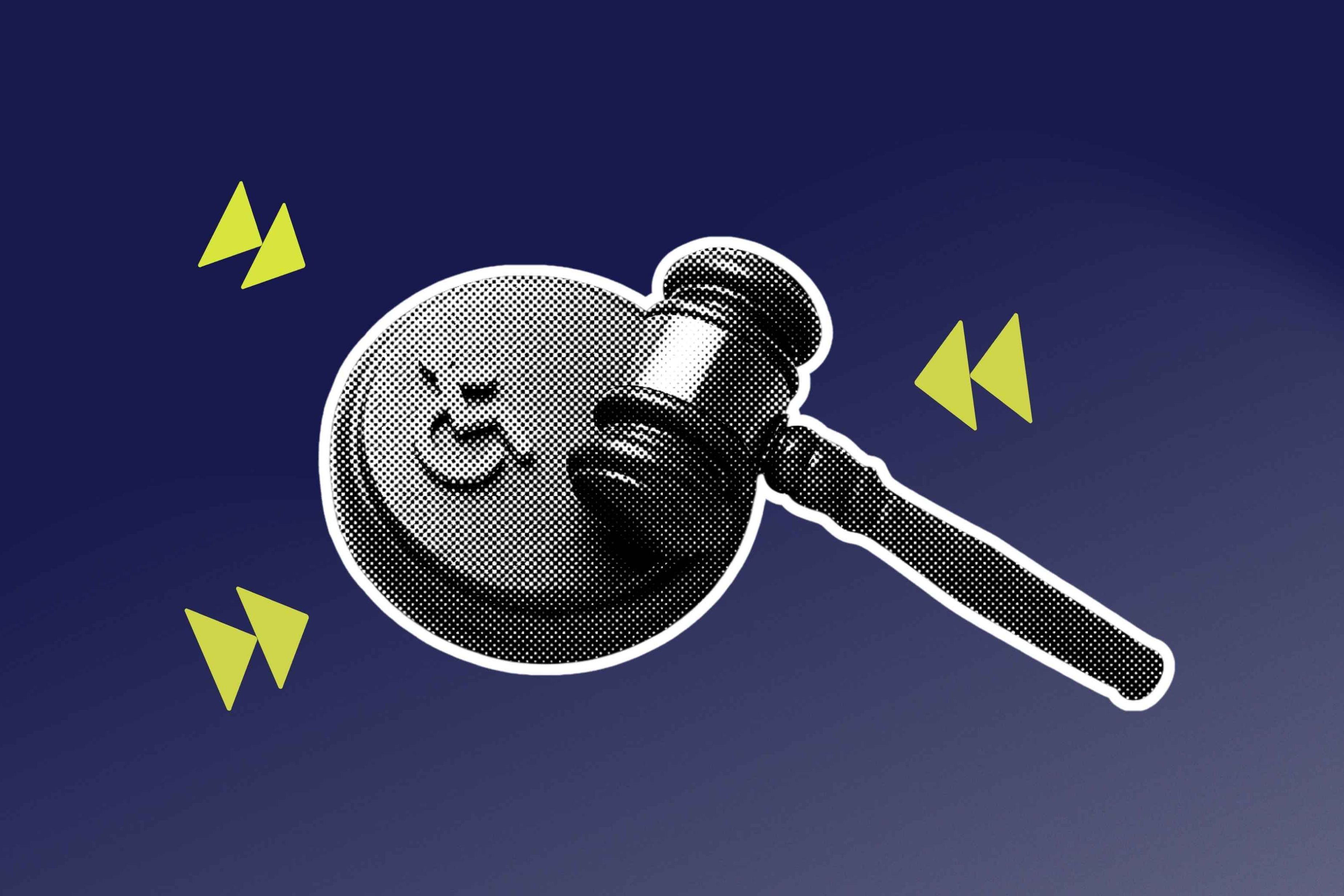 Illustration eines Richterhammers und einer Holzscheibe mit einem Rollstuhlsymbol darauf, auf dunkelblauem Hintergrund mit neongrünen Pfeilen, die Richtung Hammer zeigen.