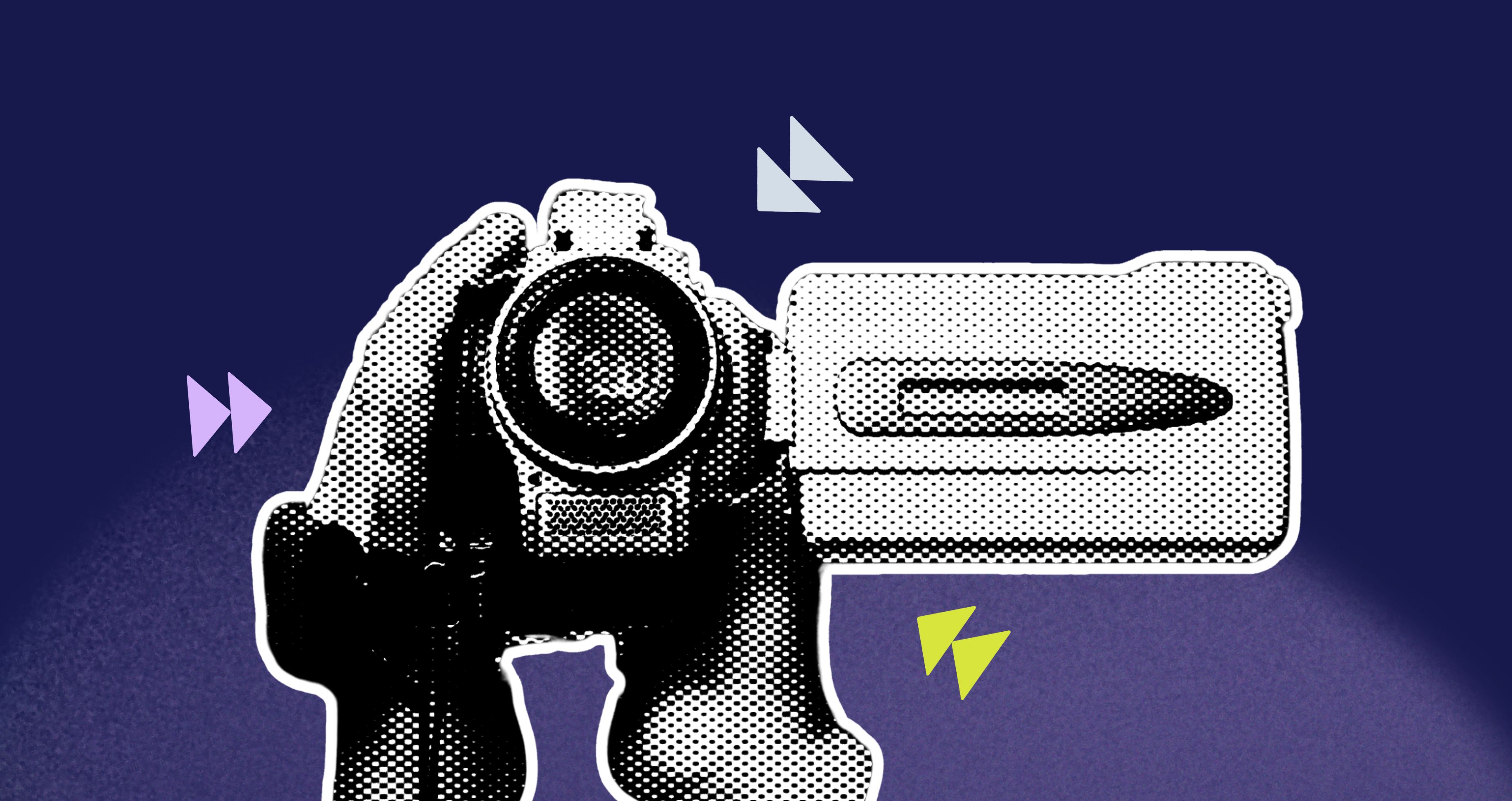 Zwei Hände halten eine alte Videokamera vor dunkelblauem Hintergrund, während bunte Pfeilelemente auf die Kamera deuten.