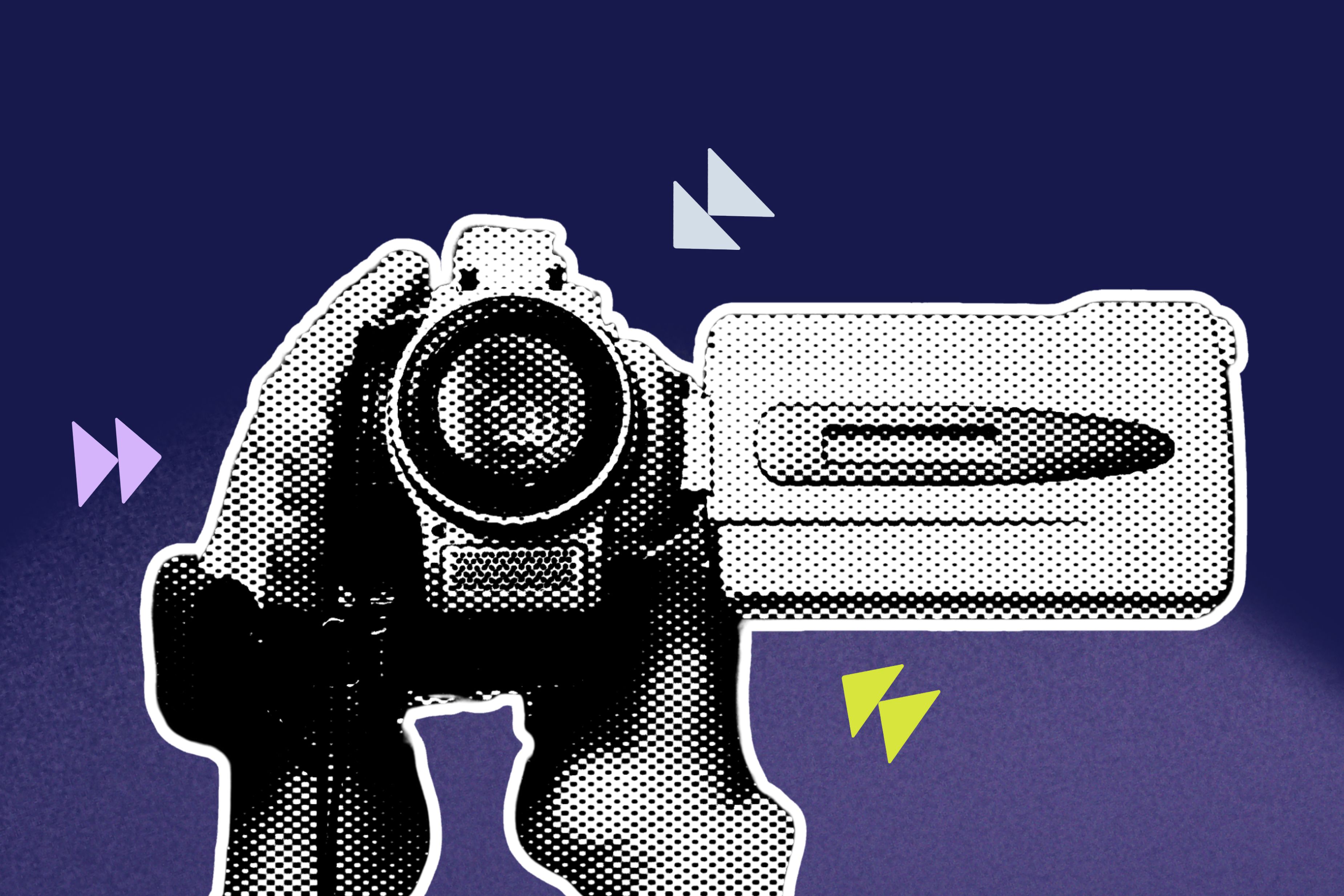 Zwei Hände halten eine alte Videokamera vor dunkelblauem Hintergrund, während bunte Pfeilelemente auf die Kamera deuten.