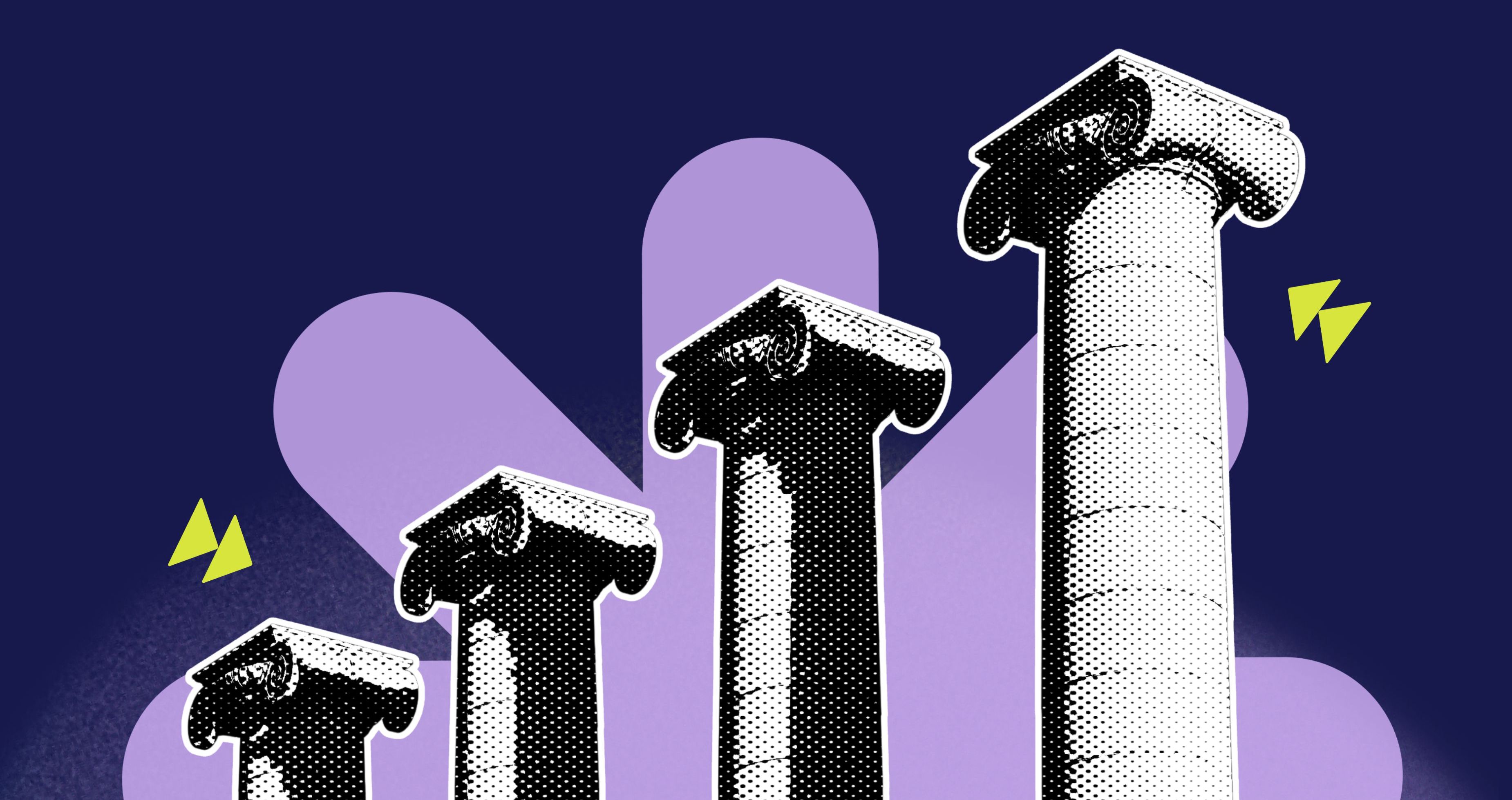 Vier schwarz-weiße Säulen vor dunkelblauem Hintergrund mit lilafarbenen und gelben geometrischen Formen.