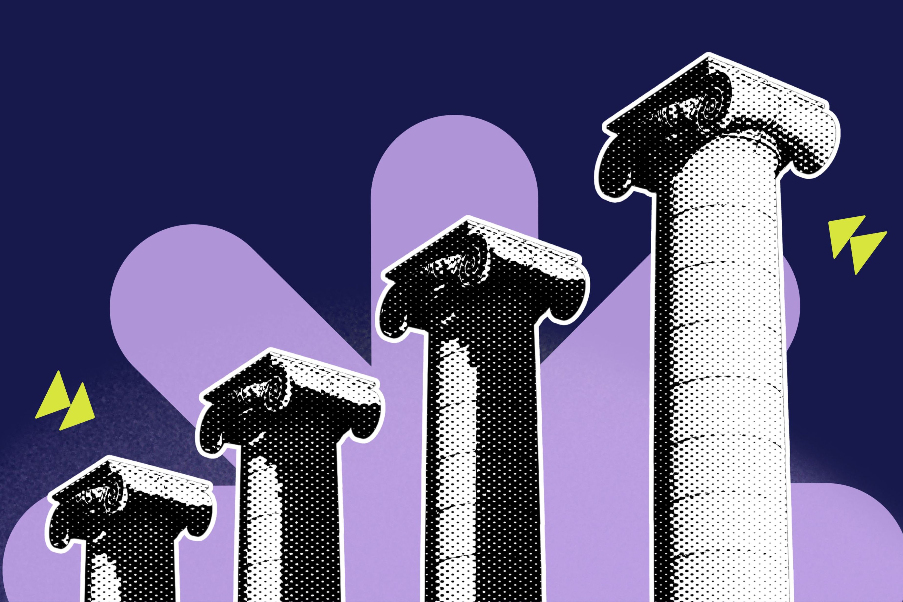 Vier schwarz-weiße Säulen vor dunkelblauem Hintergrund mit lilafarbenen und gelben geometrischen Formen.
