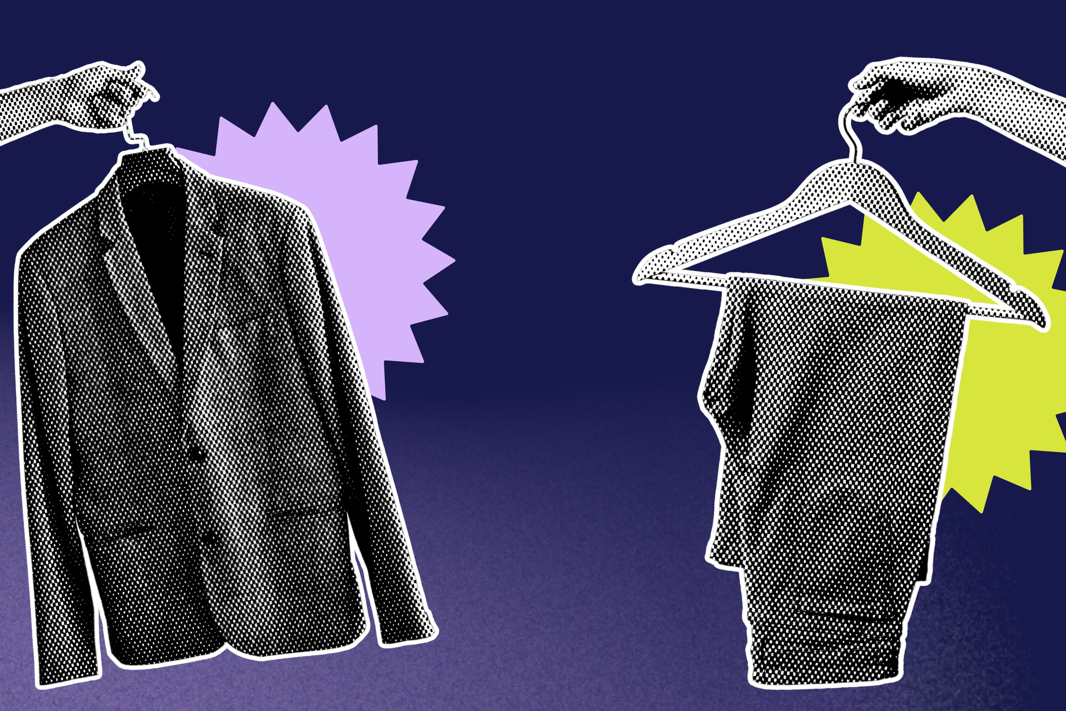 Zwei Hände halten die Kleiderbügel des Sakkos und der Hose eines Konfirmationsanzuges in den Händen.