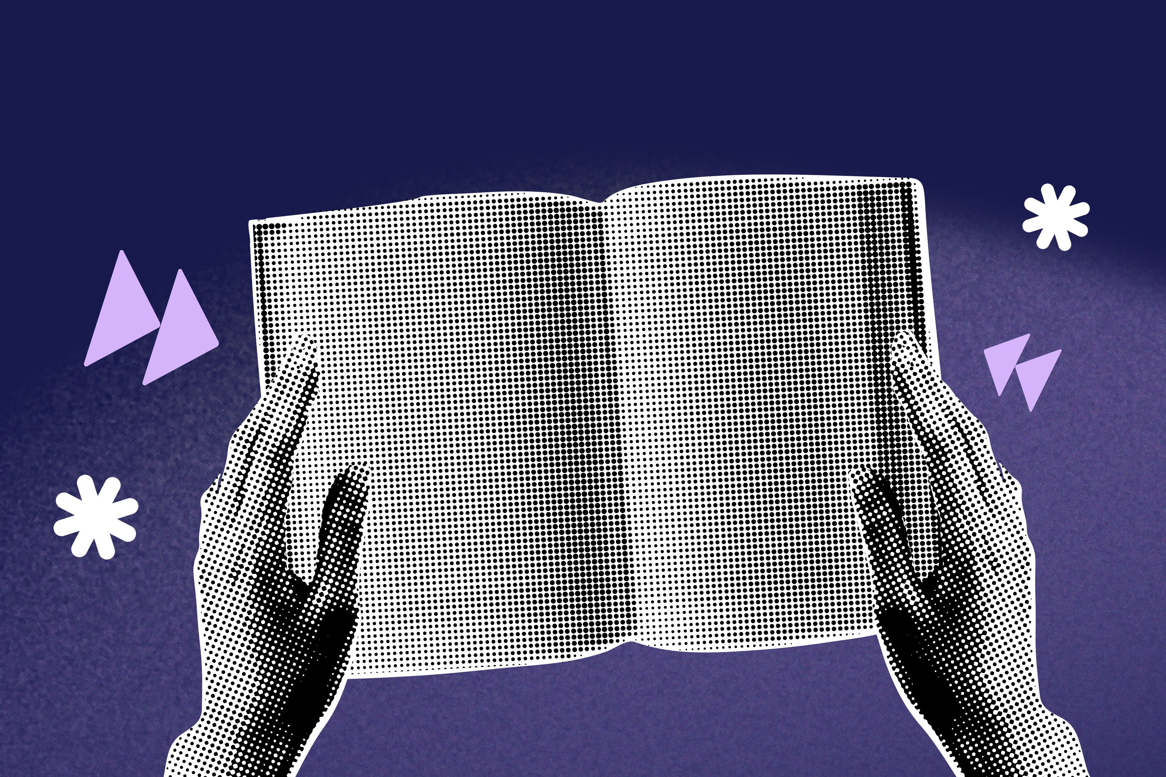 Zwei Hände umfassen ein aufgeschlagenes Buch, umgeben von kleinen Pfeilen, die zum Buch deuten.